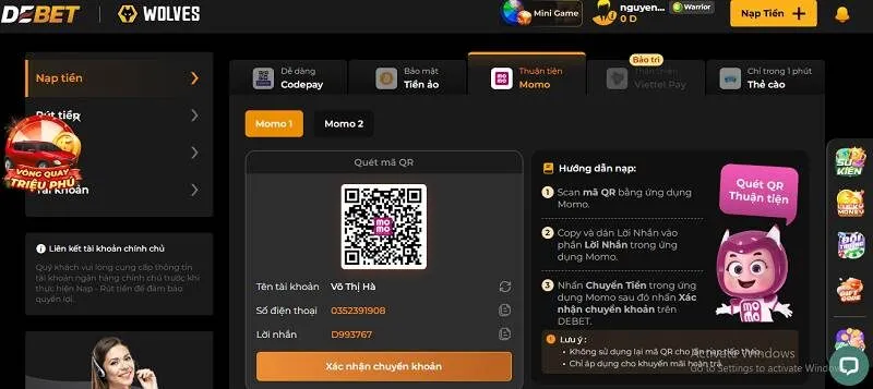nạp tiền debet qua momo